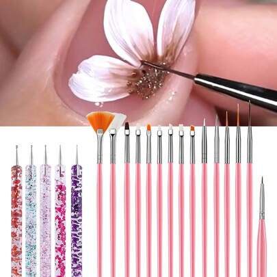 美甲笔套装，夏季美甲笔套装，20支美甲设计工具，15支美甲彩绘笔配5支双头美甲点钻笔，法式美甲笔，1/5/15/20支装美甲绘图笔，美甲用品