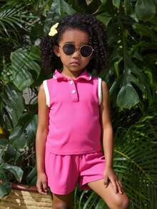 Conjunto Infantil de DoS Pieza para Niña – Polo sin Mangas y Short en Colores Vibrantes - CHICLE - Ver 3