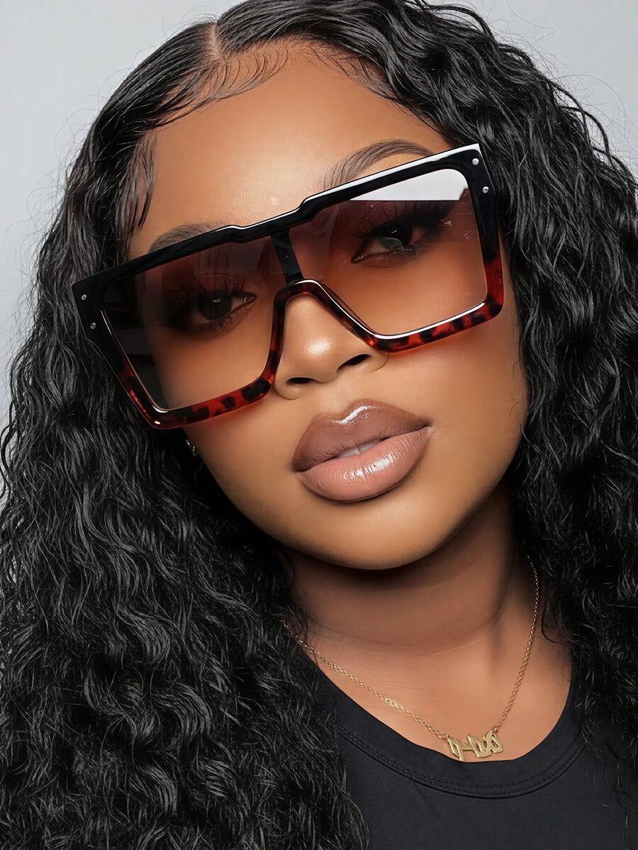 1 副女士撞色方形 PC 镜框一体式全框复古街拍度假时尚眼镜，适合夏季海滩度假、户外、旅行 - 彩色 - 查看 1