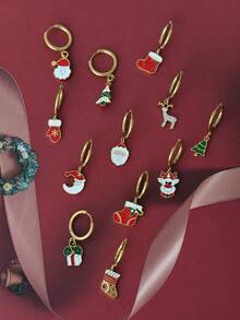 1pc Y2K Stainless Steel Enamel Cartoon Christmas Santa Claus & Reindeer Stocking Earrings, Suitable For Christmas Wear And Everyday Autumn/Winter Wear