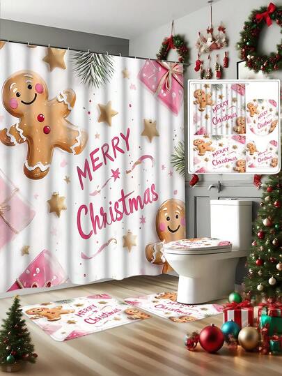 1 Piece/4 Pieces Christmas Themed Winter Decor, Pink Gingerbread Man, Snowflakes, Christmas Shower Curtain, Modern Personalized Christmas Bathroom Decor, Waterproof Fabric Shower Curtain Set With 12 Hooks, Non-Slip Bathroom Rug, U-Shaped Toilet Seat Cover, Toilet Lid Cover, Christmas Home Decor