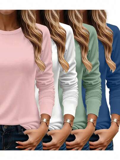 4pcs Solid Color Round Neck Long Sleeve Loose Casual Women Tops Tee, Comfortable & Fashionable, Machine Washable - Suitable For Spring/Autumn Daily And Home Wear