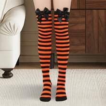 Women Thigh High Stockings Stylish Comfortable Striped Pattern Bow Decorative Socks For Daily Cosplay Party - trái cam - Xem 4