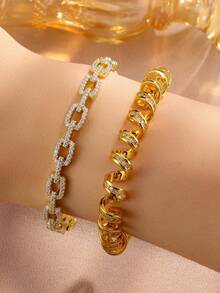 2 pezzi Set di braccialetti alla moda e minimalisti in filo di telefono con strass, adatti per l'uso quotidiano delle donne