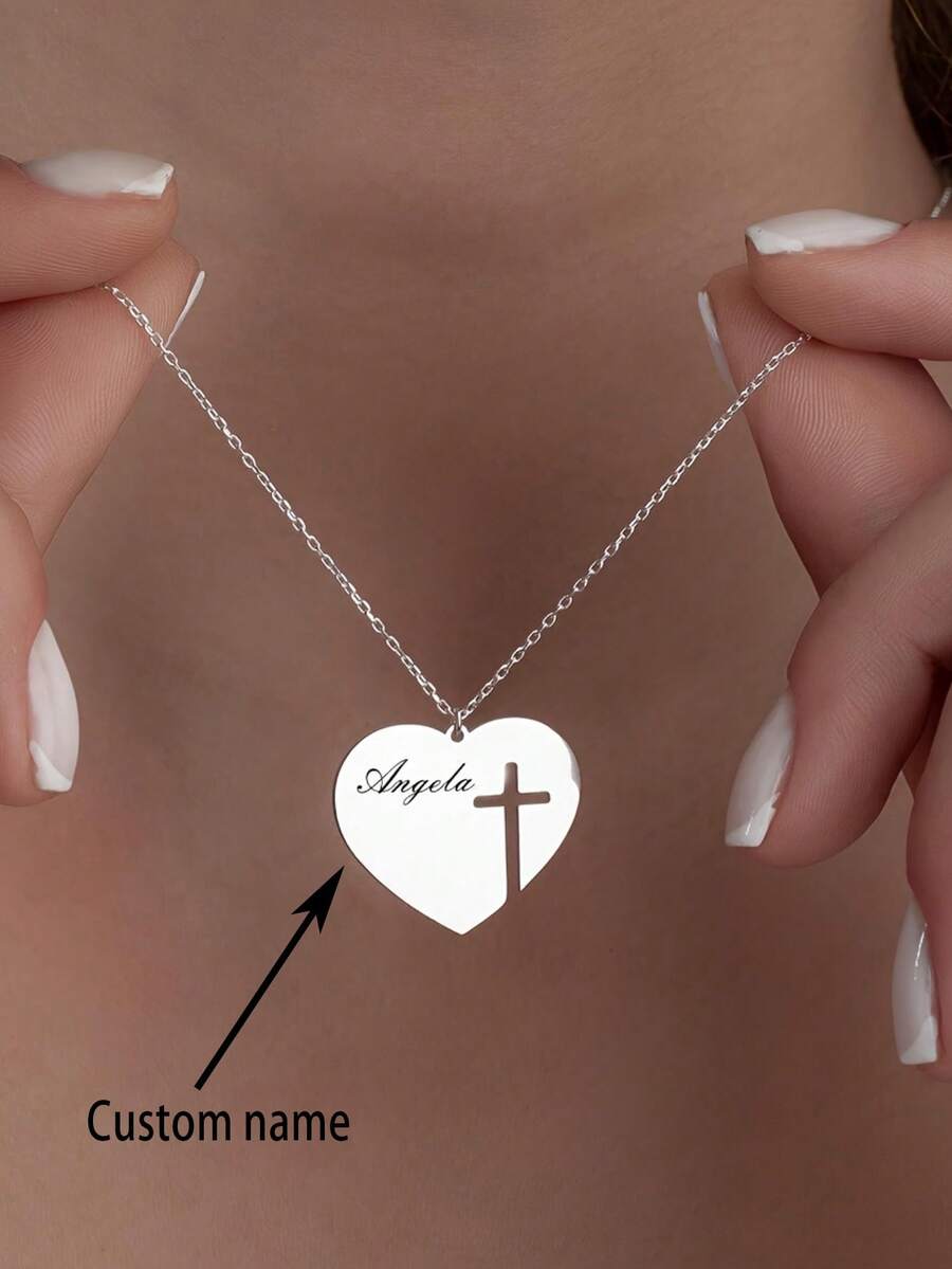 1PC Custom Personalized Engraved Heart-Shaped Hollow Cross Pendant Necklace, Stainless Steel Jewelry, Custom Jewelry, Women's Necklace, Custom Name Necklace, Gold Necklace And Silver Necklace, Customizable Items, Cross Necklace, Various Chinese Gifts, Customized Christmas Gifts, Halloween Gifts, Valentine's Day, Mother's Day, Birthdays And Anniversaries Elegant Bohemian Jewelry Gifts - Multicolor - View 1