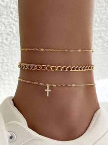 Tkool Bộ 3 chiếc/Bộ hạt đồng cổ điển và mặt dây chuyền thánh giá, trang sức chân thiết kế thánh giá nhiều lớp sáng tạo cho nữ (Số lượng và khoảng cách được giao ngẫu nhiên) - Vàng - Xem 1