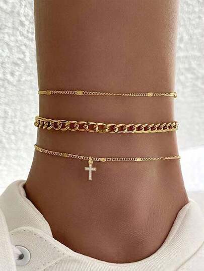 Tkool 3 件/套经典铜珠和十字架吊坠脚链，创意分层十字架设计女士脚饰（扁平数量和间距随机）