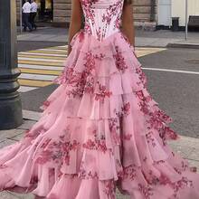 European And American Women's Fashion Printed Sleeveless Flared Dress Ruched Cake Top Strapless Slit Dress - Peach - View 1