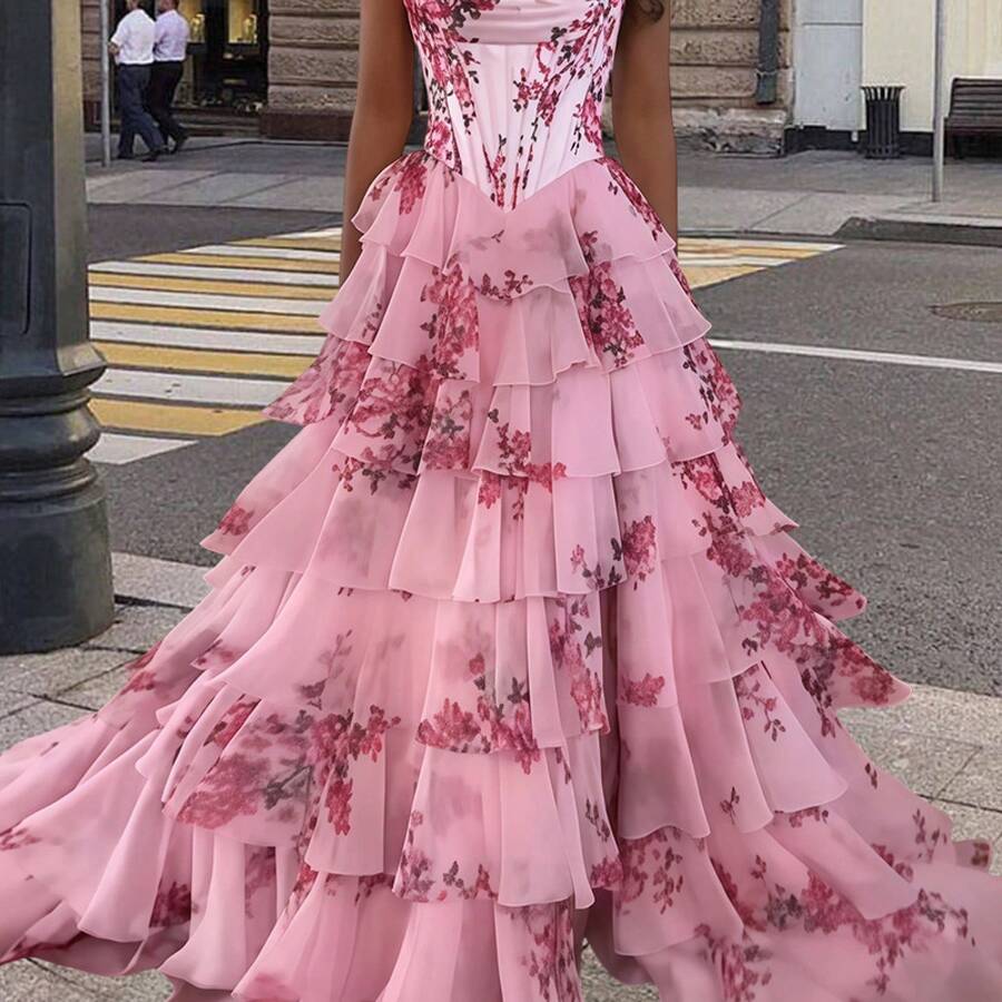 European And American Women's Fashion Printed Sleeveless Flared Dress Ruched Cake Top Strapless Slit Dress - Peach - View 1