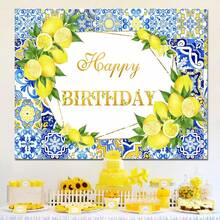 Lemon Birthday Background, Lemon Party Tapestry Decoration, Blue Tiles, Moroccan Mediterranean Background, Italian Lemon Birthday Banner, Photography Background For Happy Birthday Supplies, Photo Booth Props - 彩色 - 查看 5