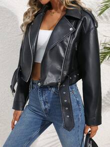 Women's Faux Leather Biker Short Jacket - Black - View 3