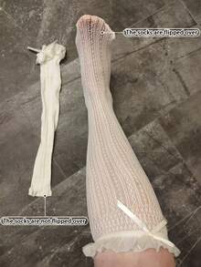 1/2pairs/Women's Lace Knee High Socks, Girls' Pleated Knee High Socks, Black And White Mesh Fishing Net Stockings