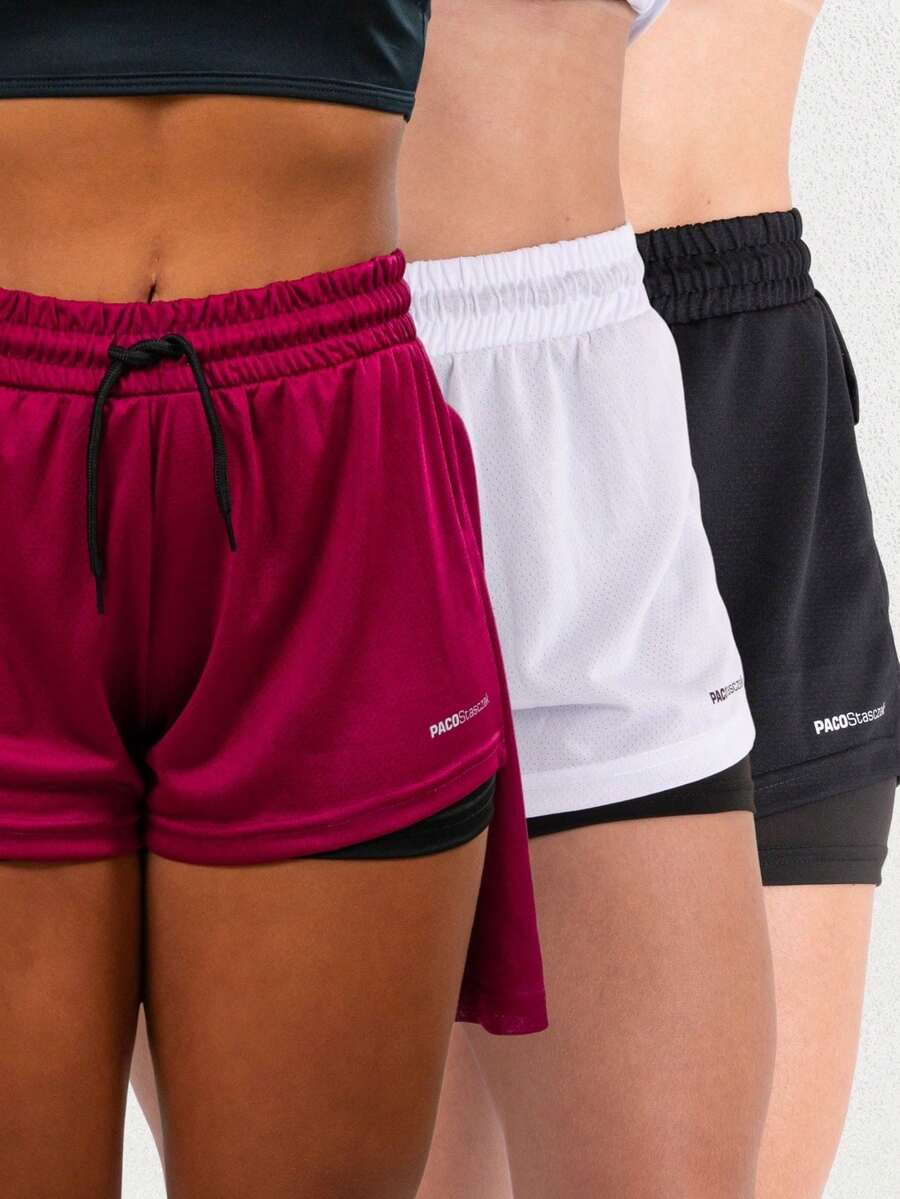 Women's 2-In-1 Dryfit Gym Shorts Kit: 3 Double Shorts For Training, Hiking And Other Sports - 黑色+白色+葡萄 - 查看 1