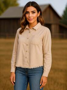 Camisa casual beige para mujer de manga larga con botones y detalle deshilachado – Moda urbana y versátil - Caqui - Ver 2