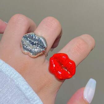 1 件复古性感唇形设计单环，红色唇膏风格金属戒指，适合女士