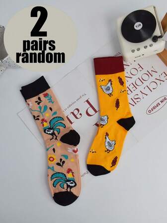 2 Pairs Random Chicken Pattern Mid-Calf Socks For Women, Odor-Resistant Moisture-Wicking Funny Cute Socks For Daily, Casual, School Use