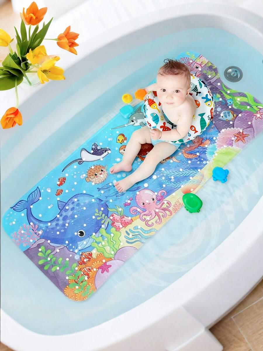 1pcs 40" X 16"/100x40cm Extra Long Baby Bath Mat For Tub For Kids, 40 X 16 Inch Extra Long Kids Bathtub Mat Non Slip, Cartoon Patterned Bath Tub Shower Mat Anti Slip With Suction Cups & Drain Holes, Machine Washable, Sea Turtle,Baby Bath Mat ,1pc - 海洋藍 - 查看 1