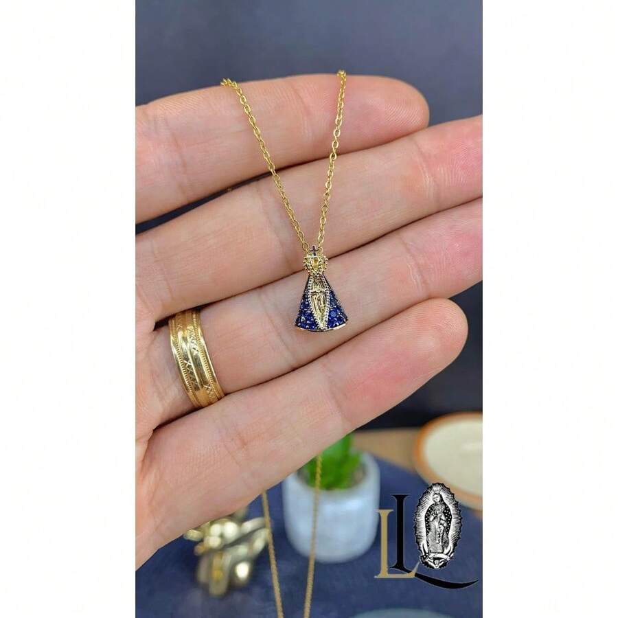 Gold Filled Virgem Aparecida Necklace: Zirconia Religious Jewelry