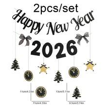 2026 SZCZĘŚLIWEGO NOWEGO ROKU, dekoracyjny baner na imprezę, czarno-złote litery, cyfry, butelka wina, fajerwerki, zegar, chorągiewka, zestaw ścienny - Wielokolorowe - Zobacz 5