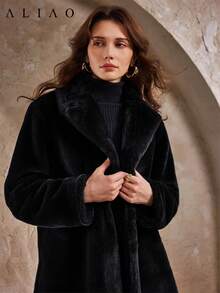 Áo khoác ấm cao cấp Aliao, áo khoác lông giả mùa đông, thích hợp cho năm mới, trang phục công sở thường ngày dành cho nữ, áo khoác gió, phong cách tối giản, màu trơn, phong cách cung đình, thích hợp cho ngày lễ tình nhân, mùa cưới, Halloween (màu đen). - màu đen - Xem 3