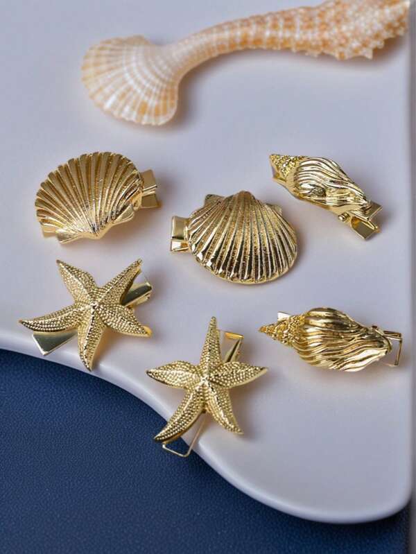 6 قطع/5 قطع/3 قطع من مشابك الشعر المعدنية البسيطة بتصميم صدفة البحر والنجمة البحرية، إكسسوارات شعر أنيقة من سبيكة الزنك بعناصر بحرية، مناسبة لجميع الفصول، مشابك شعر، مشابك شعر للمدرسة
