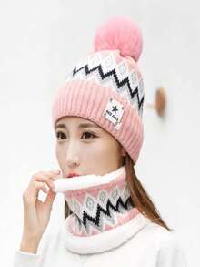 Set de 2 piezas de nueva moda: bufanda y gorro, estilo europeo y americano, bufanda y gorro de punto cálido para mujer, adecuado para exteriores, ciclismo, esquí en otoño/invierno (patrón aleatorio)