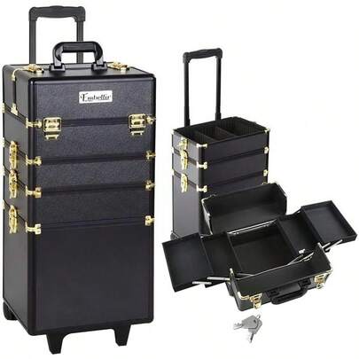 Makeup Case Aluminium Lockable Beauty Cases Suitcase Make Up Large Organisers Storage Toiletry Cosmetic Box Travel Indoor Outdoor Accessories 7 In 1 Separable Portable Black