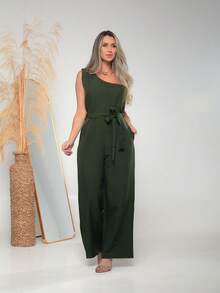 Macacao feminina de um ombro com Bolso Dividido com cinto de tecios para Amarrar C3152 - Verde Militar - Visão 3
