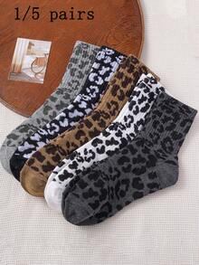 1/5 双随机豹纹女士中筒袜，透气、保暖、长筒、休闲、运动，黑色、白色棉袜，柔软舒适，可爱时尚，适合秋冬日常、办公室、家居、通勤 - 彩色 - 查看 1