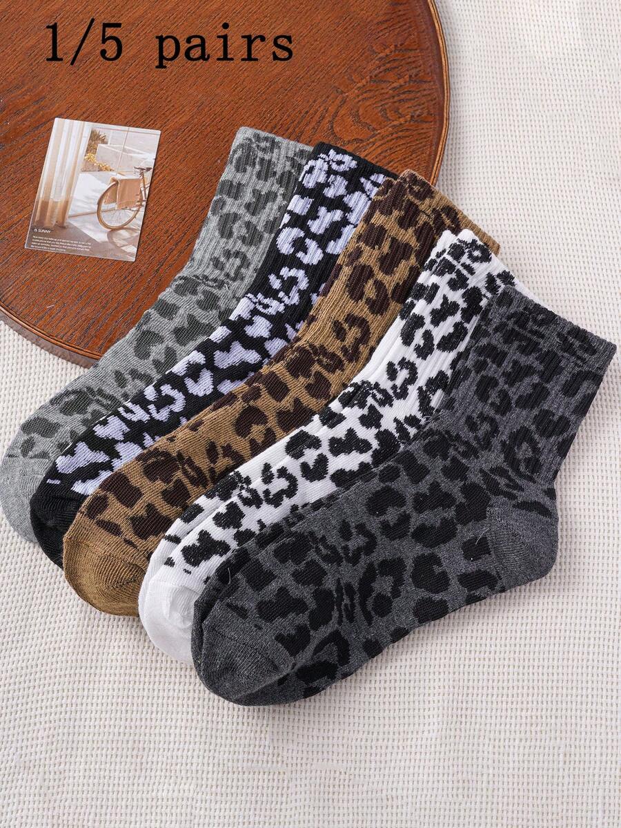 1/5 双随机豹纹女士中筒袜，透气、保暖、长筒、休闲、运动，黑色、白色棉袜，柔软舒适，可爱时尚，适合秋冬日常、办公室、家居、通勤 - 彩色 - 查看 1