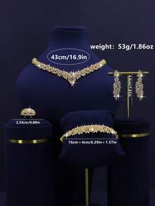 5pcs 18K Gold Plated Luxury Royal Style V-Shaped Geometric Design Bridal Wedding Jewelry Set, Suitable For Daily, Wedding, Gala Wear, Wedding Anniversary Gift (Gift Box Packaging) Complimentary - V Shape Bridal Wedding Set - View 4