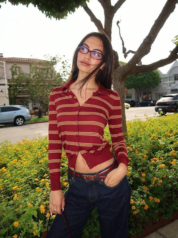 كارديجان نسائي محبوك بأكمام طويلة وياقة بولو مخططة باللونين الأرجواني والأحمر والأصفر من VIBEWAVE خريفي جديد غير رسمي