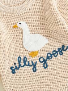 Newborn Infant Cute Goose Letter Embroidery  Romper Jumpsuit Baby Knitted Sweater Long Sleeve Round Neck Rompers Newborn Girl Boy Goose Funny Romper Reveal Pregnancy Announcement Clothes - 米色 - 查看 4