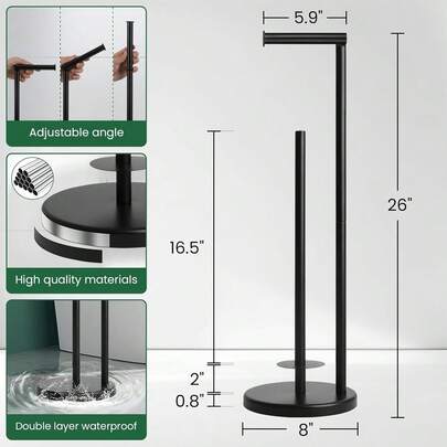 Soporte para rollo de papel higiénico, soporte de pie para rollo de papel higiénico de baño con reserva, soporte de acero inoxidable para rollo de papel higiénico, soporte multifuncional a prueba de óxido para rollo de papel higiénico-Negro,23514891