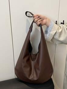 Sac à épaule/cabas en PU de couleur unie pour femmes, grande capacité - Café - Voir 2