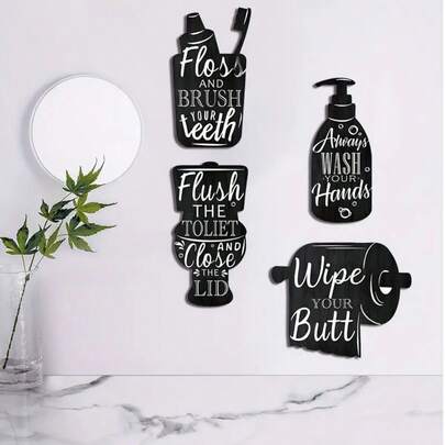 2D Flat, 4pcs Bathroom Creative Wooden Wall Stickers - Fashionable Black Decor, Farmhouse Style, Interesting Modern Home Decor Signs, Self-Adhesive, Freely Arrangeable, Suitable For Bathroom, Washbasin, Office, Hotel And Other Occasions. 2D Flat, Ideal For Room Decoration.