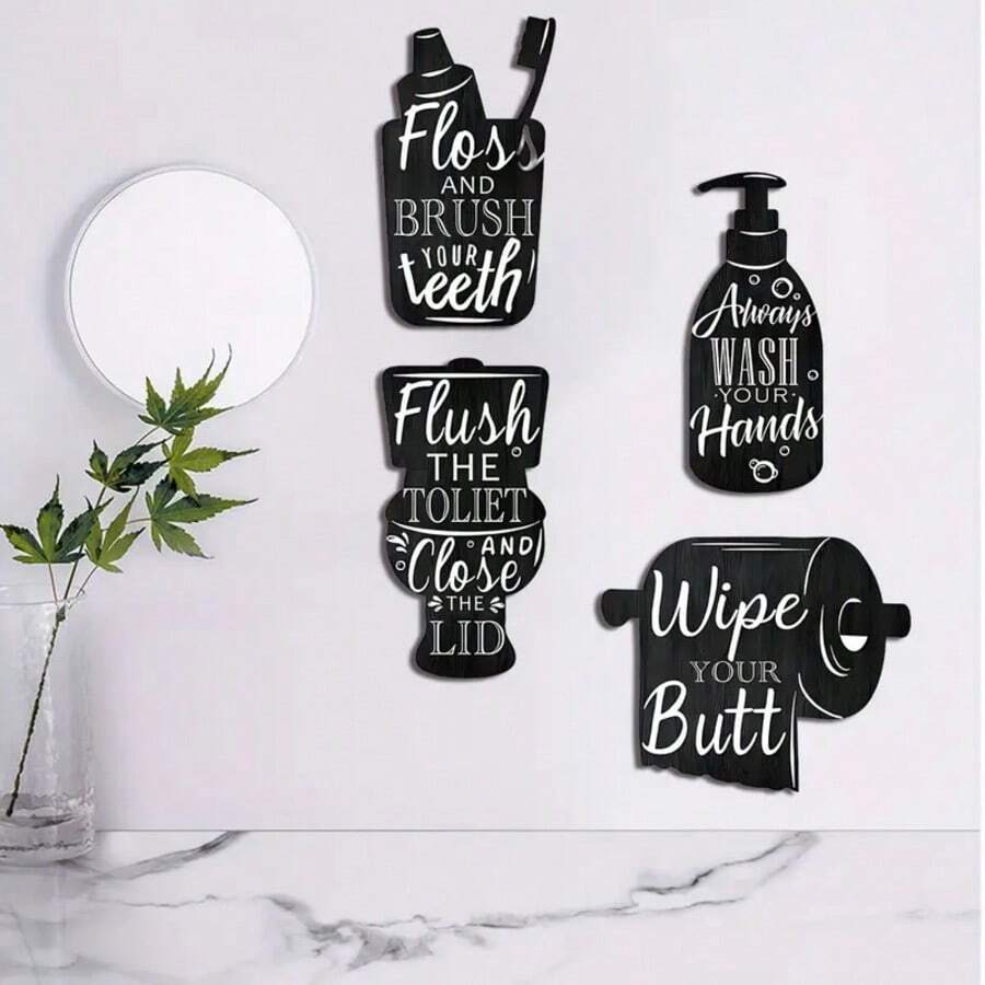 2D Flat, 4pcs Bathroom Creative Wooden Wall Stickers - Fashionable Black Decor, Farmhouse Style, Interesting Modern Home Decor Signs, Self-Adhesive, Freely Arrangeable, Suitable For Bathroom, Washbasin, Office, Hotel And Other Occasions. 2D Flat, Ideal For Room Decoration. - Multicolor - View 1
