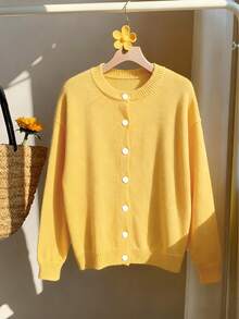 Plus Size Fall And Winter Plus Size Fashion Casual Holiday Elegant Cream Yellow Small Round Neck Design Long Sleeve Cardigan Sweater Women's Brunch Outfits For Women Fall Women Clothes Sweater