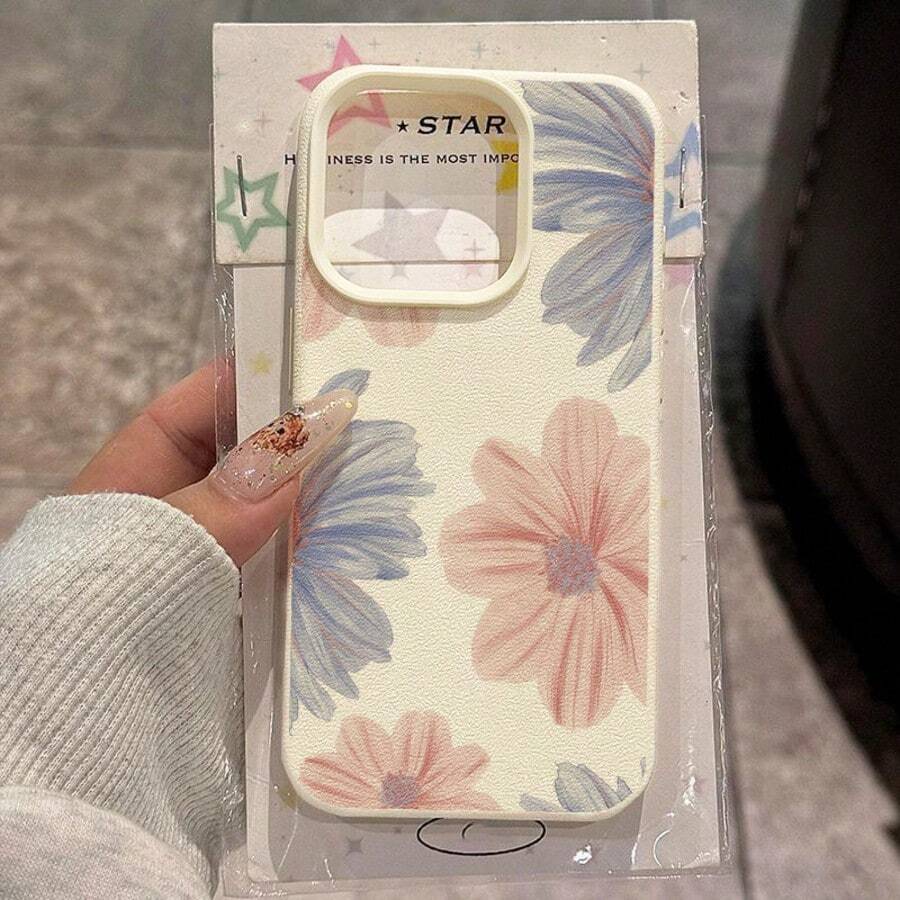1pc TPU Material Delicate Blue & Pink Floral Pattern Phone Case Compatible With IPhone 17 Pro Max/17/16 Pro Max/15/13/12/11, S20 FE/A15/S24/A55, Redmi Note 11/12/13 Pro, Full Coverage Anti-Drop Soft Protective Cover - White - View 1