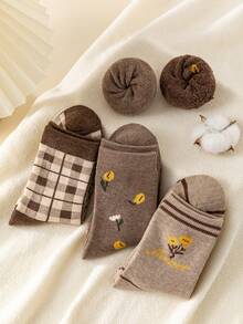 1/3/5双女士中长袜，适合秋冬季节，厚款毛圈保暖袜，花朵图案女士袜子 - 彩色 - 查看 4