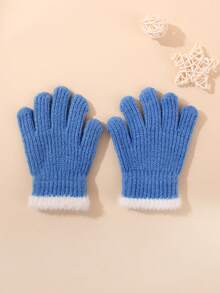 1 双儿童针织手套，带毛皮饰边，保暖针织内衬手套，适合男孩和女孩，秋冬季，适合学生户外使用