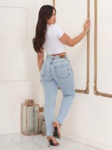 Women's High Waisted Mom Jeans Marbled 4 Pockets Simple Elegant Jeans Pocket Zipper Button Daily Beach - 藍色 - 查看 4