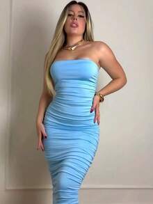 Baby Blue Strapless Midi Dress With Suplex Cup, Ruched Sides, Wrinkled, Strapless, Elegant, Sensual, Tight Fit - 淺藍色 - 查看 2