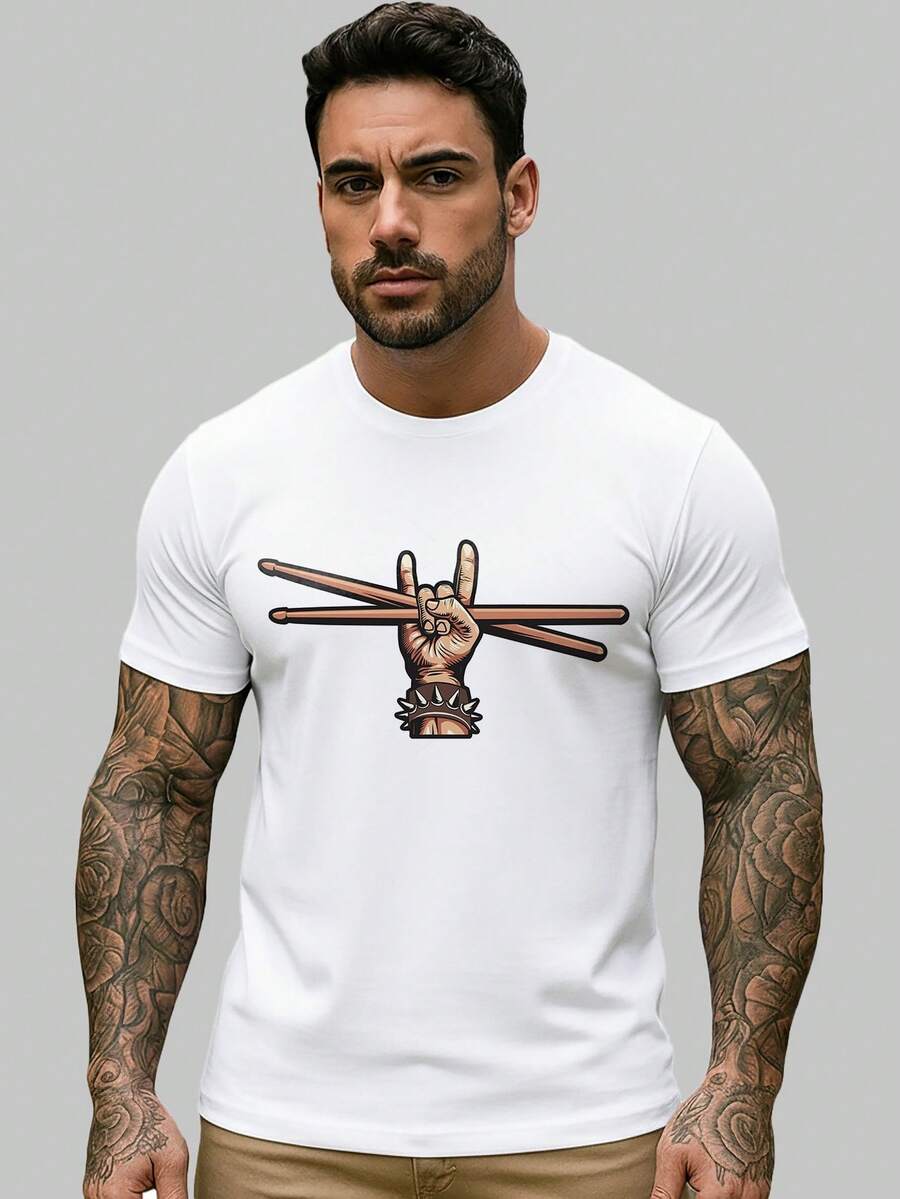 Men's White T-Shirt Shirt Short Sleeve T-Shirt Drums Drums Musicians Drummers - 白色 - 查看 1