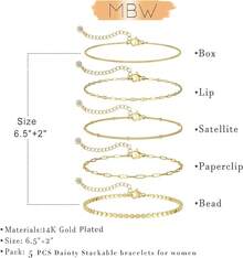 MBW Gold Bracelets Women, Dainty 14K Gold Plated Bracelet Stack Beaded Chain Bracelet Set Thin Small Cute Paperclip Bracelets Fashion Waterproof Jewelry Gold Accessories Women - 精緻 - 查看 6