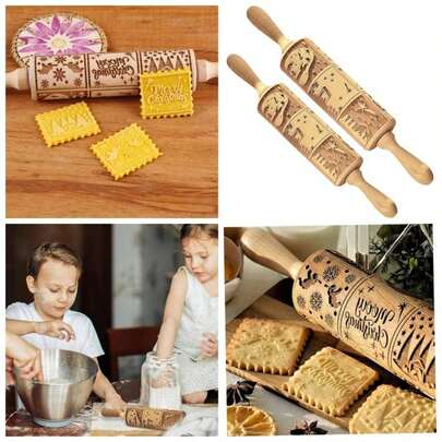 Rolling Pins para hornear 13.8 '' Pon rodante en de madera para masa con manijas fciles de usar herramientas sellos galletas navideas fciles usar para galletas, pizza y ms decora