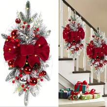 1PC Handmade Red Christmas Staircase Garlands With Pine Cones And Bows -22.83-Inch Holiday Decoration, No Power Required - Multicolor - View 4