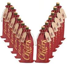 D12pcs Christmas Burlap Wine Gift Bags Resuable Linen Wine Bottle Bags With Drawstring And 24 Snowflake Tags Perfect For Christmas Housewarming Storage