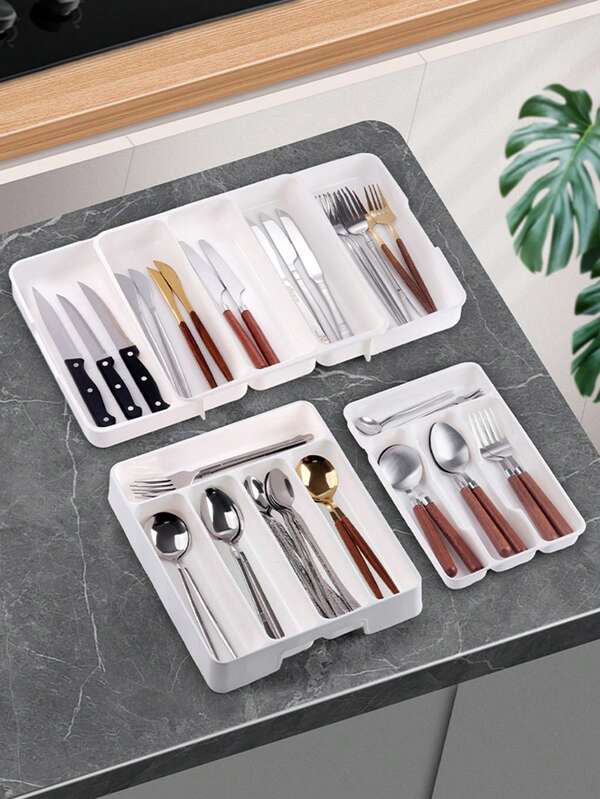 1 Stück flache Besteckorganizer Box, große Größe mit Deckel, erweiterbarer Besteckhalter, aus PP Kunststoff gefertigt, geeignet für Küchenarbeitsplatte, Schrankauszug Lagerung, Facheinteilung für Essstäbchen, Besteck, Werkzeuge