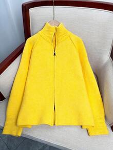 Áo khoác len dệt kim dáng rộng Wixra Hàn Quốc, cổ đứng, tay áo raglan, thiết kế khóa kéo hai mặt, màu trơn, phong cách sinh viên, thiết yếu cho việc mặc nhiều lớp vào mùa thu/đông - Màu vàng - Xem 8